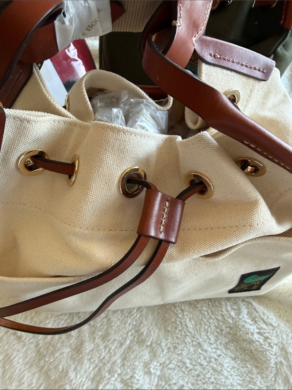 Dooney & Bourke Cream Canvas Tote with Brown Leather Trim - Picture 2 of 5